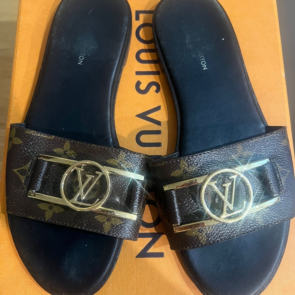Louis Vuitton Monogram Brown and Gold Slides